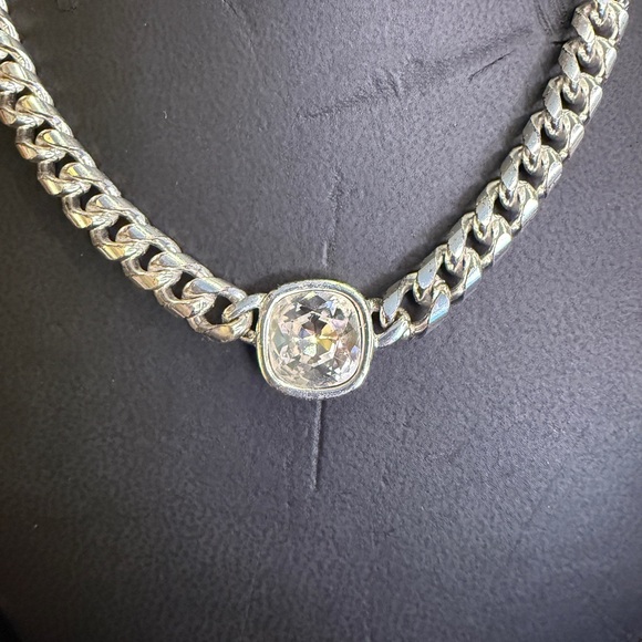Silver Cuban link Necklace with Crystal Accent - Picture 5 of 6